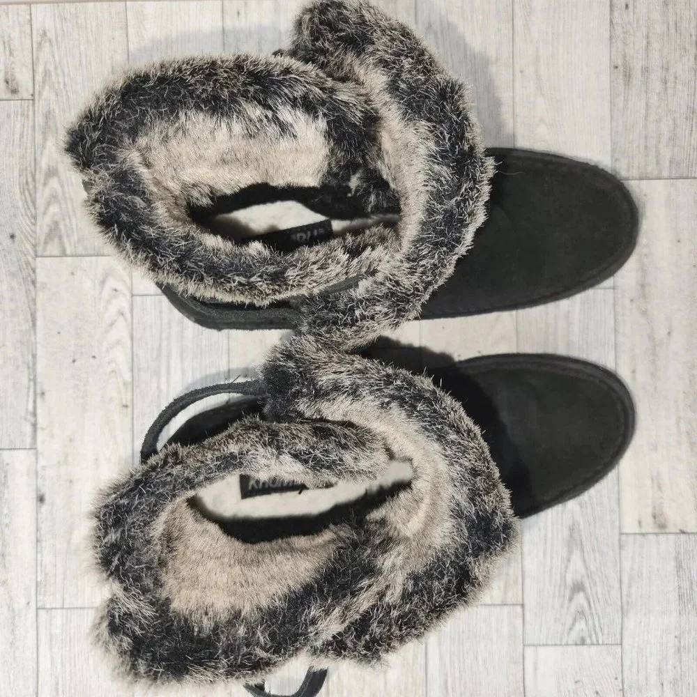Khombu Womens Ankle Boots Size 7 Black Leather Faux Fur Collar, Leather Tie Up